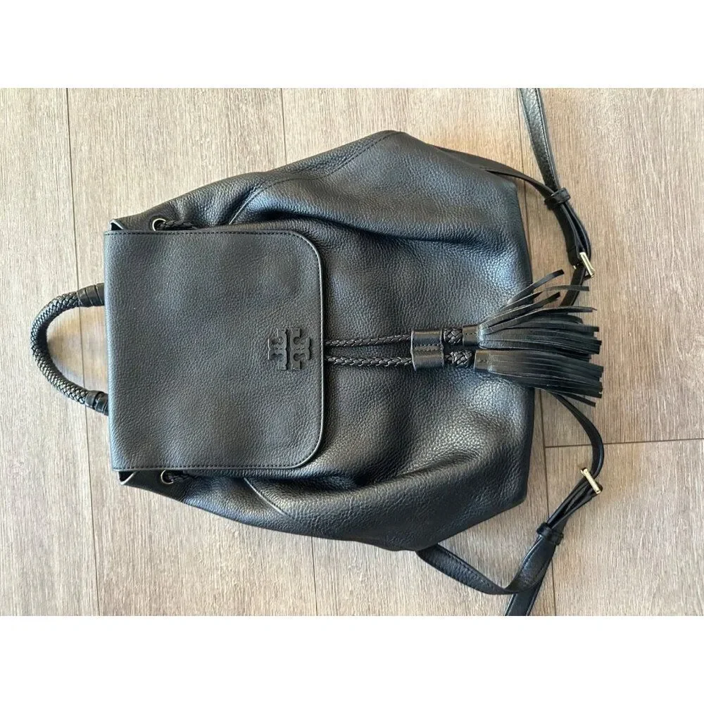Tory Burch Pebbled Leather Backpack - Black Tasseled Designer Luxury